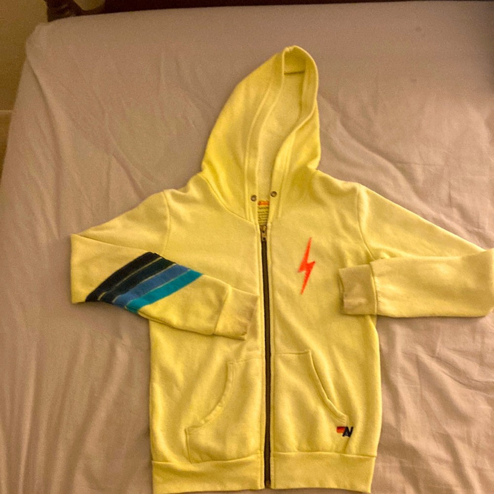 Aviator nation sweatshirt/hoodie size youth 12 neon yellow with lightning bolts